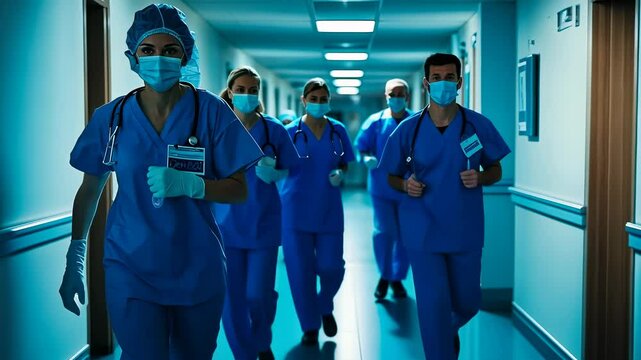 A group of diverse healthcare workers, including males and females in scrubs, rushes down a hospital corridor. The scene conveys urgency and teamwork, with blue lighting enhancing the mood.