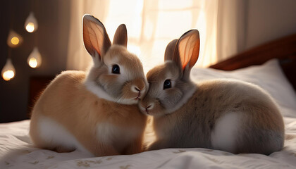cute cartoon rabbits cuddle on a bed
