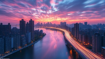 Dramatic Cityscape at Sunset with Flowing River
