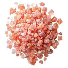 Pink Himalayan salt crystals isolated on white and transparent background, top view