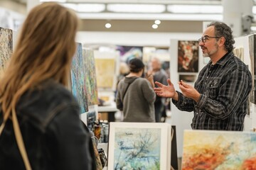 An artist passionately discusses their work with potential buyers at a lively art fair surrounded by vibrant displays