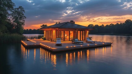Fototapeta premium Luxurious Lakeside Pavilion at Sunset