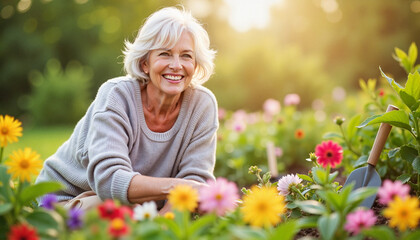 Elderly woman smiling while tending to vibrant flower garden, joy in nature