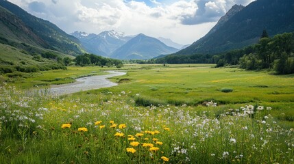Serene mountain valley with wildflowers, river, and snow-capped peaks under a partly cloudy sky.
