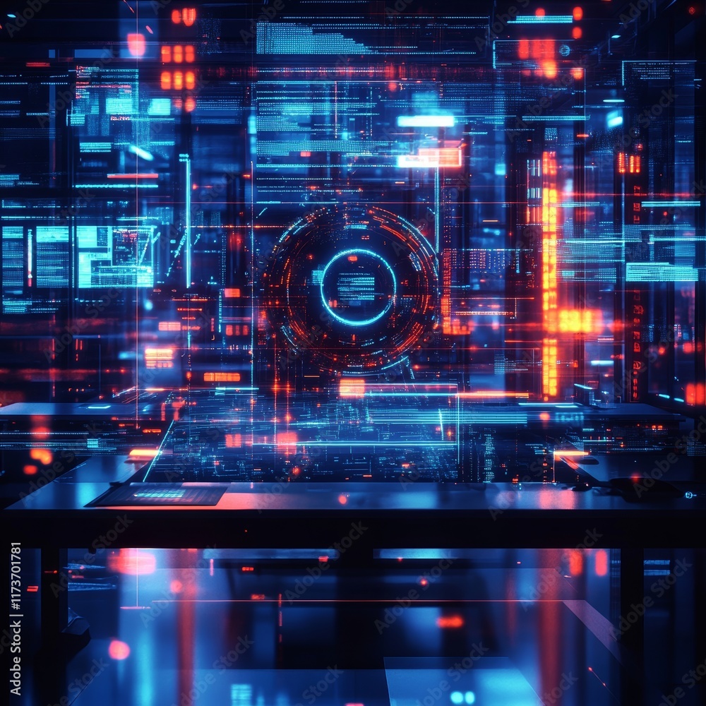 Aufkleber Futuristic Digital Workspace With Vibrant Data Visuals and Interactive Interfaces During a High-Tech Development Session