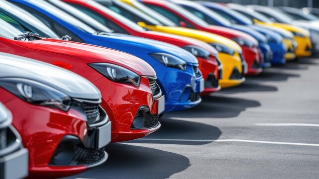 Car show display of colorful vehicles at auto dealership modern environment close-up view