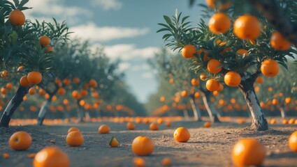 Tangerine orchard landscape with sunlit trees and fallen fruits showcasing agricultural beauty and nature's bounty