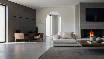 Fototapeta premium Modern Living Room Interior with Fireplace and Concrete Walls