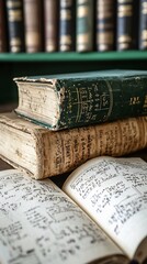 Antique books and manuscripts on a table with a bookshelf in the background.