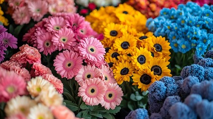 A vibrant display of colorful flowers in a market setting.