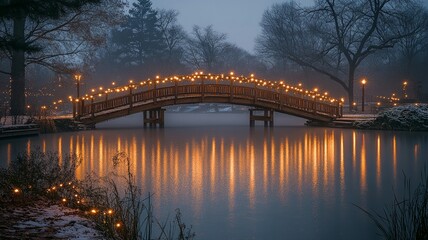 Twilight over a Charming Footbridge in Winter