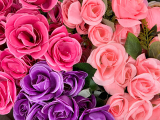 Beautiful rose flowers arrangement in various colors, from red, maroon, purple, pink color. Series of colorful rose flower bouquet seamless background texture.