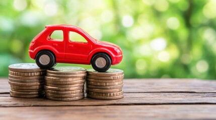 Car model on stacked coins financial growth concept green nature background