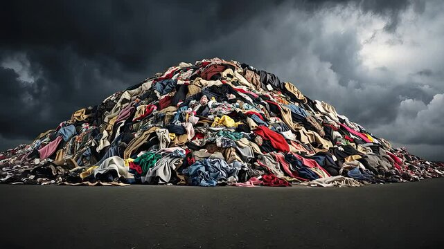 Massive Pile of Discarded Clothing Under a Dark Stormy Sky Highlighting Textile Waste and Environmental Concerns

