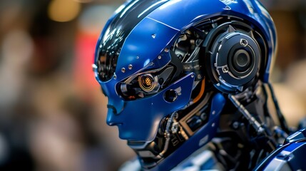 Fototapeta premium Close-up of a Futuristic Blue Robot Head, Detailed Mechanical Design