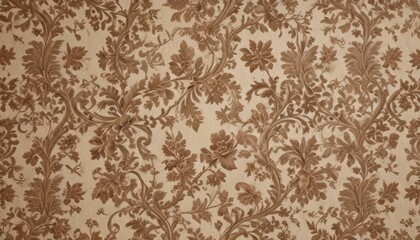 Intricate woven damask design featuring curved vines and leaves in muted earth tones,  design element,  woven