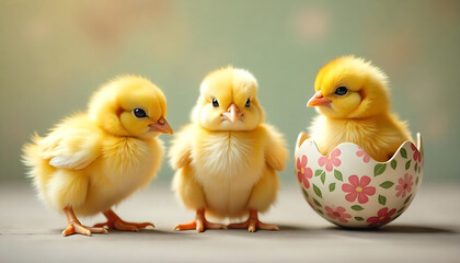 Fototapeta premium Adorable Baby Chicks with Colorful Easter Eggs and Floral Patterns