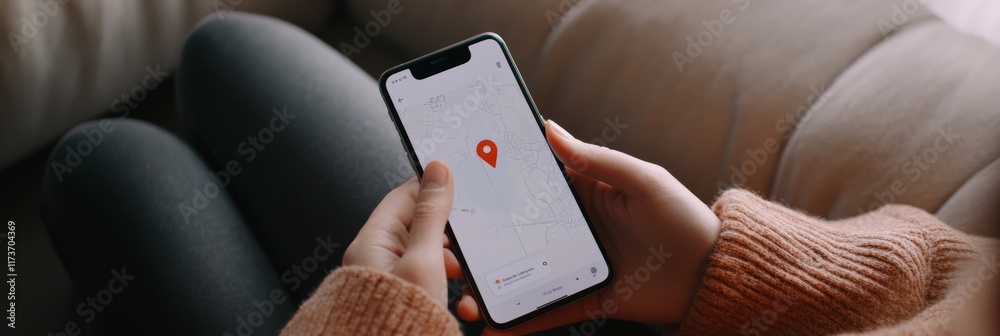 Poster woman sitting on comfortable sofa and using navigation app on smartphone, planning route, searching 