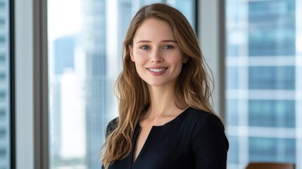 Fototapeta premium Portrait of a Smiling Woman in a Modern Office Building