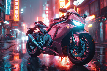 Pink sportbike parked on a rain-slicked city street at night.