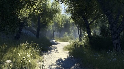 Obraz premium A serene forest path illuminated by soft sunlight, inviting exploration and tranquility.