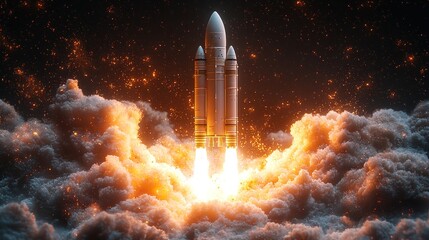 Obraz premium Majestic Spacecraft Launch: A Breathtaking Ascent Through Cosmic Clouds