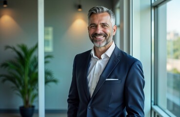 Fototapeta premium Confident mature businessman stands in office looking at camera. Wears formal suit, white shirt. Successful leader in modern workplace. Photogenic man with beard. Pro corporate image. Trustworthy,