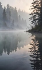 Fototapeta premium Misty dawn on misty lake with soft watercolor brush strokes, fog, soft brush