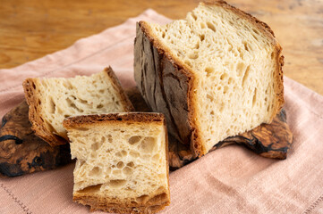 Freshly baked big sourdough traditional italian bread on olive wood fired oven