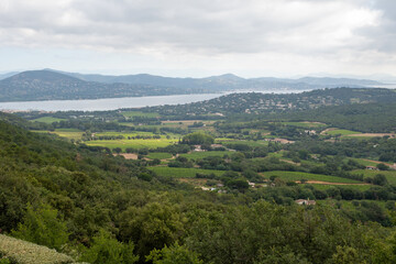 Landscape of French Riviera, view on hills, houses and green vineyards from above Cotes de Provence, production of rose wine near Saint-Tropez and Pampelonne beach, Var, France