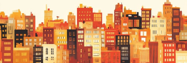 Obraz premium Warm Hues Cityscape Illustration - Abstract hand-drawn cityscape, warm color palette, urban density, architectural diversity, sunset glow. Symbolizes growth, community, ambition, and modern life.