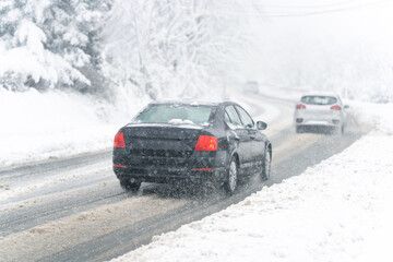 Traffic on a city street in winter.