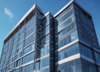 Obraz premium Office building with modern architecture against a clear blue sky, office space, skyscraper