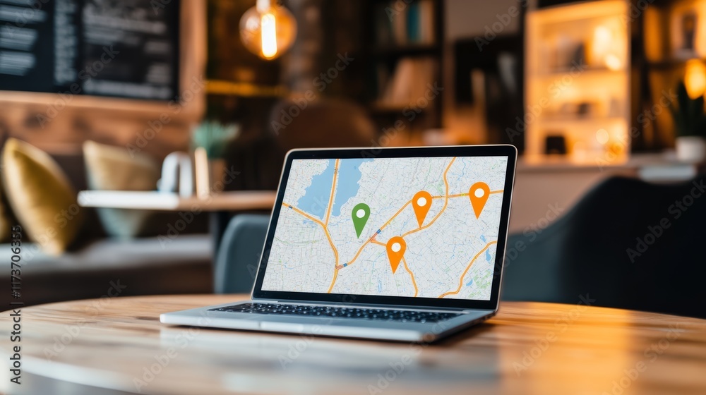 Poster open laptop displaying online map with marked locations sits on table in cozy cafe, suggesting plann