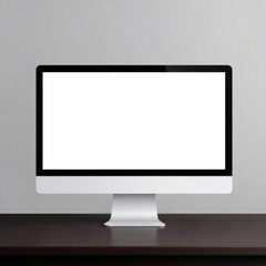 Monitor de ordenador con pantalla en blanco sobre mesa de madera oscura

