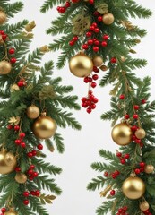 Fototapeta premium Ornamented evergreen branches with hanging gold ornaments and red berries isolated on a white background , snowflake, christmas