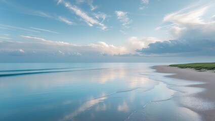 Fototapeta premium Tranquil blue sea landscape under a serene sky with gentle clouds and a picturesque shoreline reflecting calm waters
