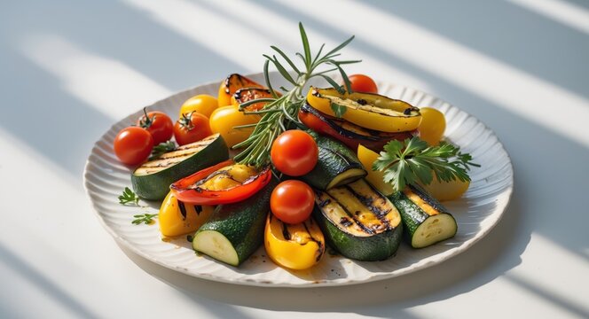 Vibrant grilled vegetables garnished with fresh herbs on a white plate highlighting culinary creativity