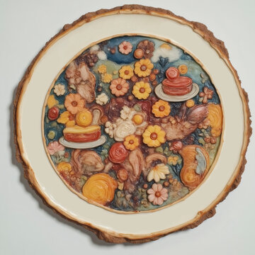 Relieve en madera con escena floral y campestre en marco de tronco
