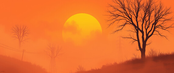 Obraz premium Orange sunset illuminating bare trees in foggy landscape