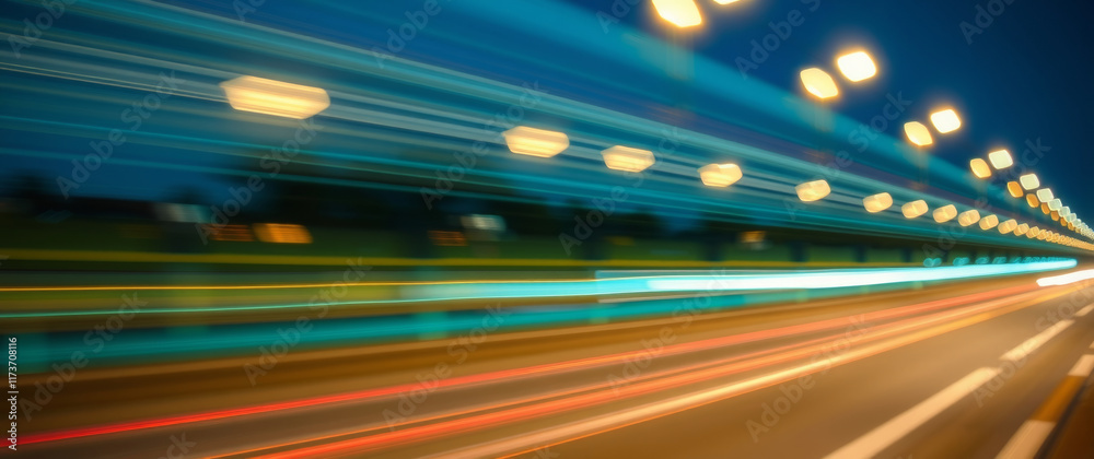 Poster light trails and streaks illuminating night road with speed and motion
