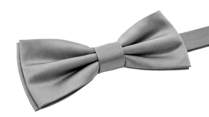 Smooth silver bow tie on a transparent background, with an elegant fabric texture.