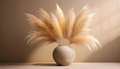 golden pampas grass in a round beige vase background