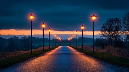 Street Lamps Lighting Up Road at Twilight