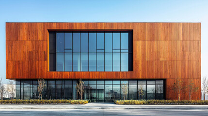 Fototapeta premium Modern wood-clad office building exterior with glass facade, street view, clear sky