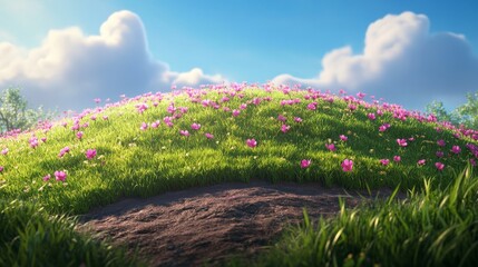 Obraz premium Vibrant Flowers Bloom on a Lush Green Hill Under a Clear Blue Sky in an Inviting Natural Landscape During a Bright Sunny Day