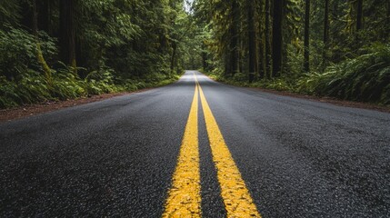 Fototapeta premium Driving through lush green forest road nature landscape sunny day eye-level view