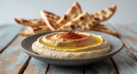 Creamy hummus garnished with olive oil and paprika served with pita wedges on a wooden table