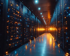 Illuminated server room corridor with glowing racks. (4)