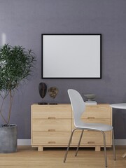 Horizontal frame mockup in a dining room with sideboard, table, chairs and ornamental plants. 3D rendering, interior design, 3D illustration
